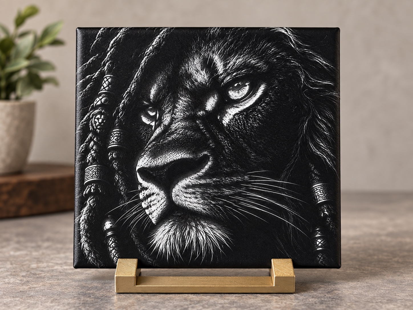 Real lion ceramic art tile in its matching 3D-printed stand
